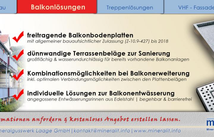 freitragende, großformatige Balkonplatten aus Mineralit