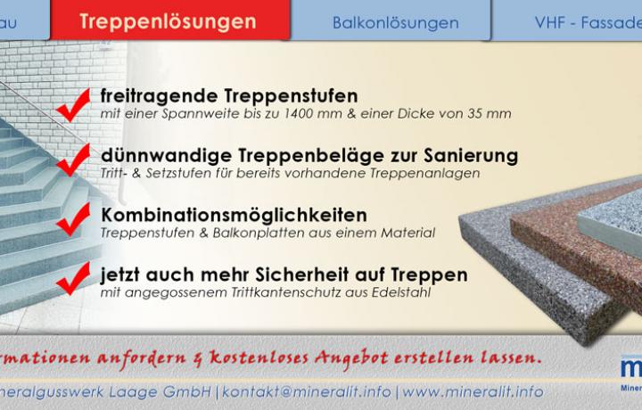 verschleißfeste, freitragende Treppenstufen aus Mineralit